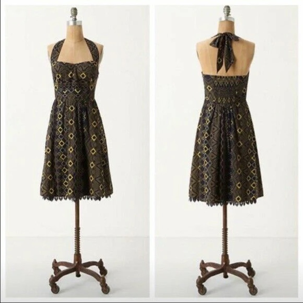 Anthropologie Edme & Esyllte Navy Halter Dress with Yellow Diamond Print